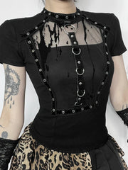Goth 'Nocturne Veil' Mesh Faux Harness Ring T-Shirt
