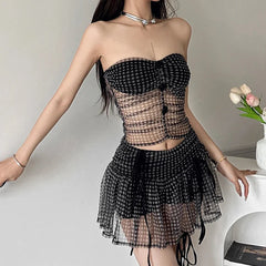 Black Goth Mesh Plaid Ruffles Two-piece Set