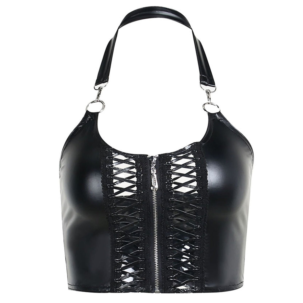 'Frankenstein' Black Wet Look Faux Leather Halter Lace up Top