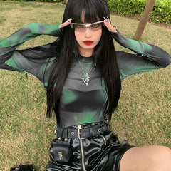 'Emerald' Green Mesh Tie Dye Pattern Top