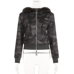 Goth Dark Black Faux Fur Hoodie Jacket