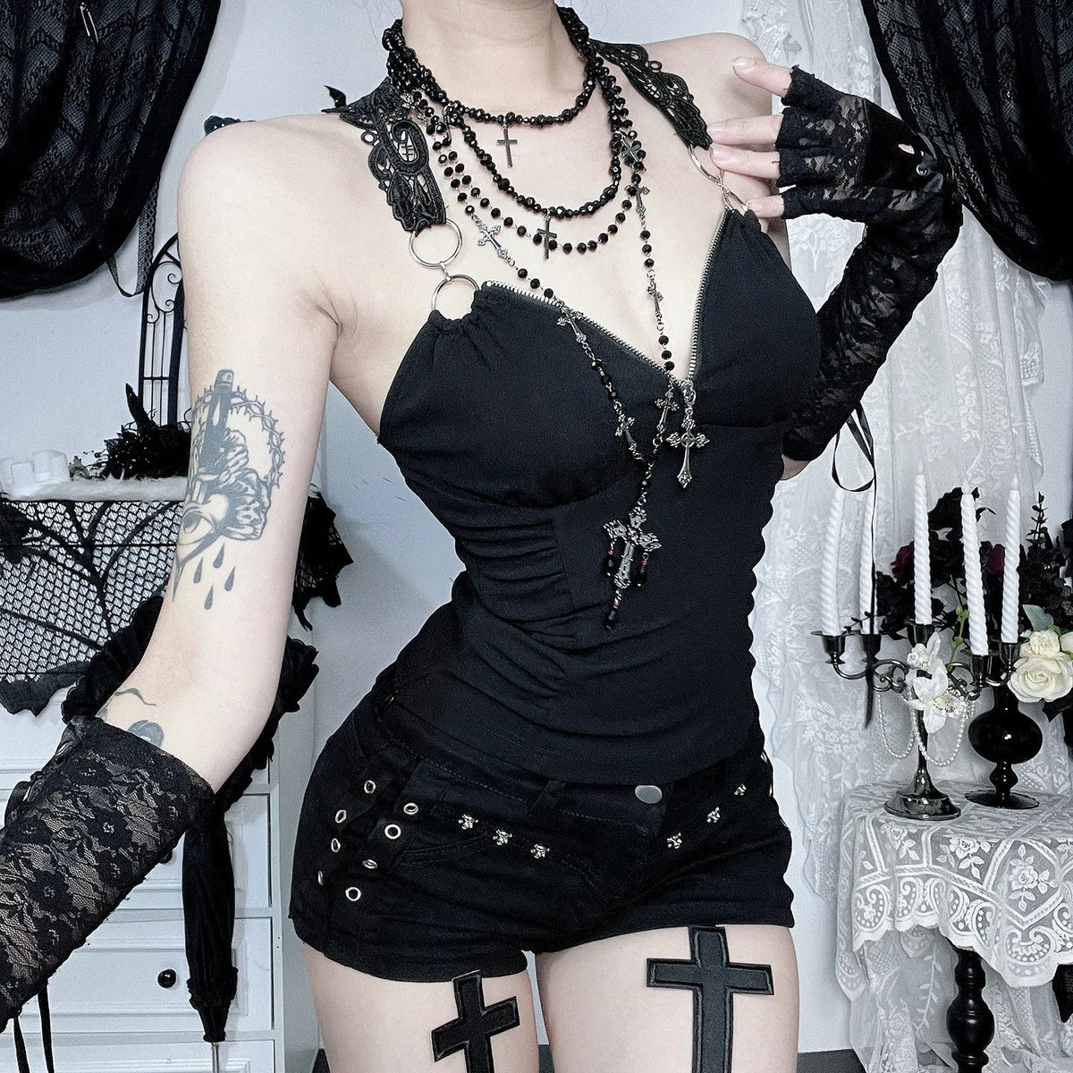 'Enter The Dark' Black Gothic Zip Up V Neck Top
