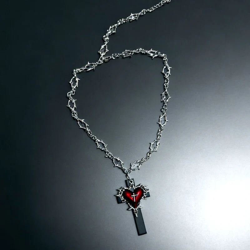 Alt Red Thorn Chain Cross Heart Pendant Necklace