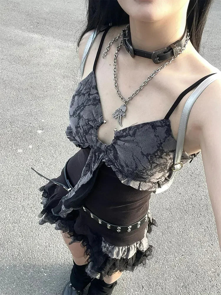 Black/Grey Lace Grunge Camisole A-line Dress