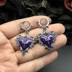 Goth Grunge Thorns Heart Cross Earrings