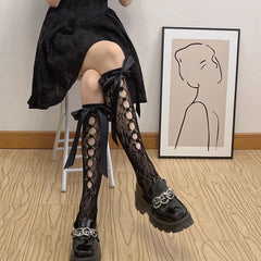 Black Lolita Kawaii Lace Mesh Fishnet Knee High Socks
