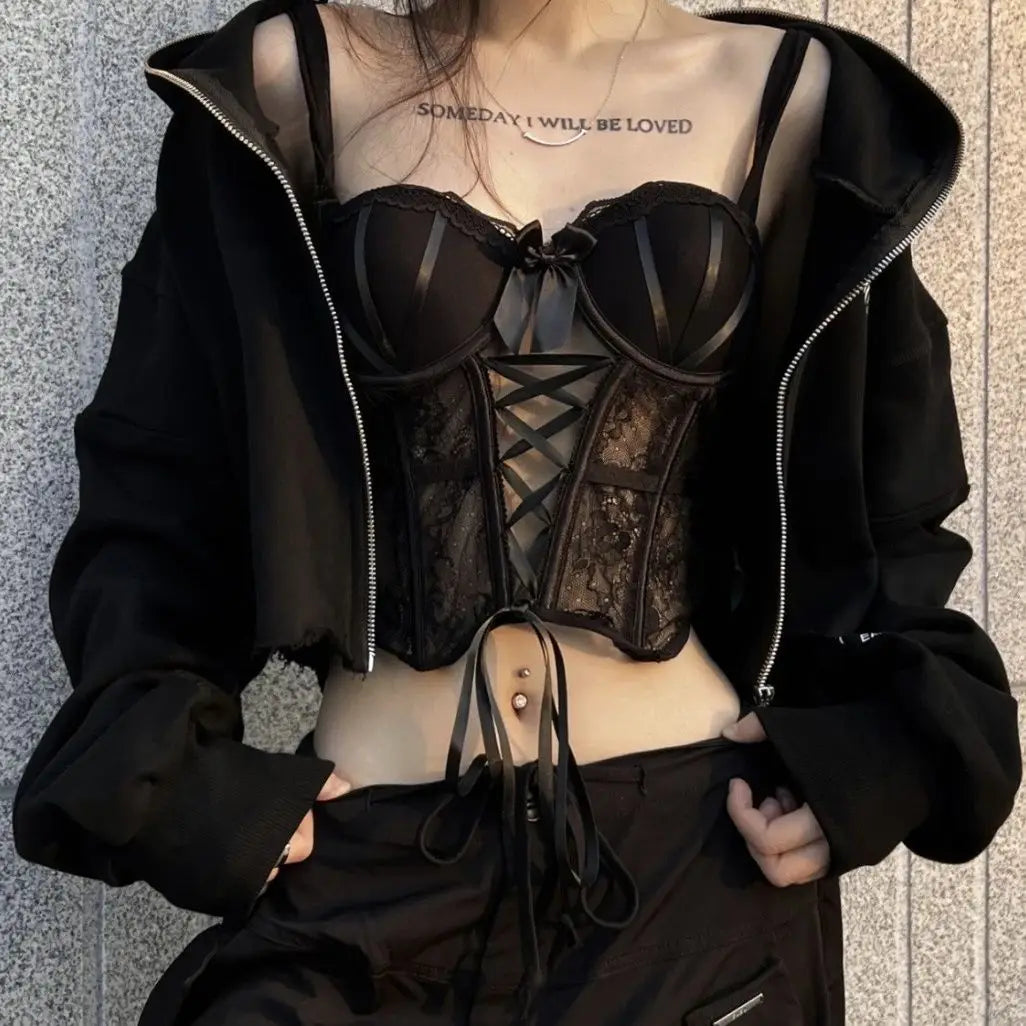 Black Lace-up Hollow Padded Corset Top
