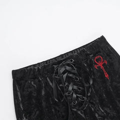 Gothic 'Velvet Requiem' Black Velvet Pants with Red Ankh Crosses