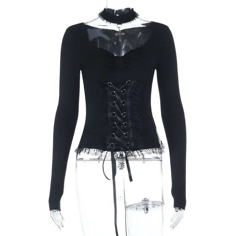 'Headstone' Black Goth Dark Lolita Lace Up Top