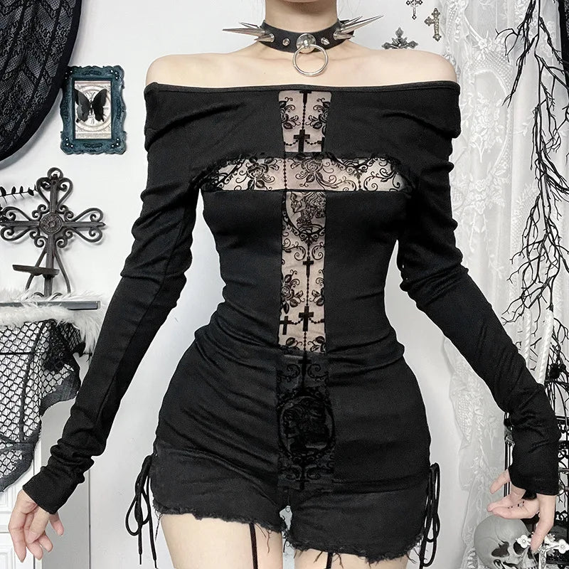'Devine' Black Goth Dark Lace Patchwork Cross Top