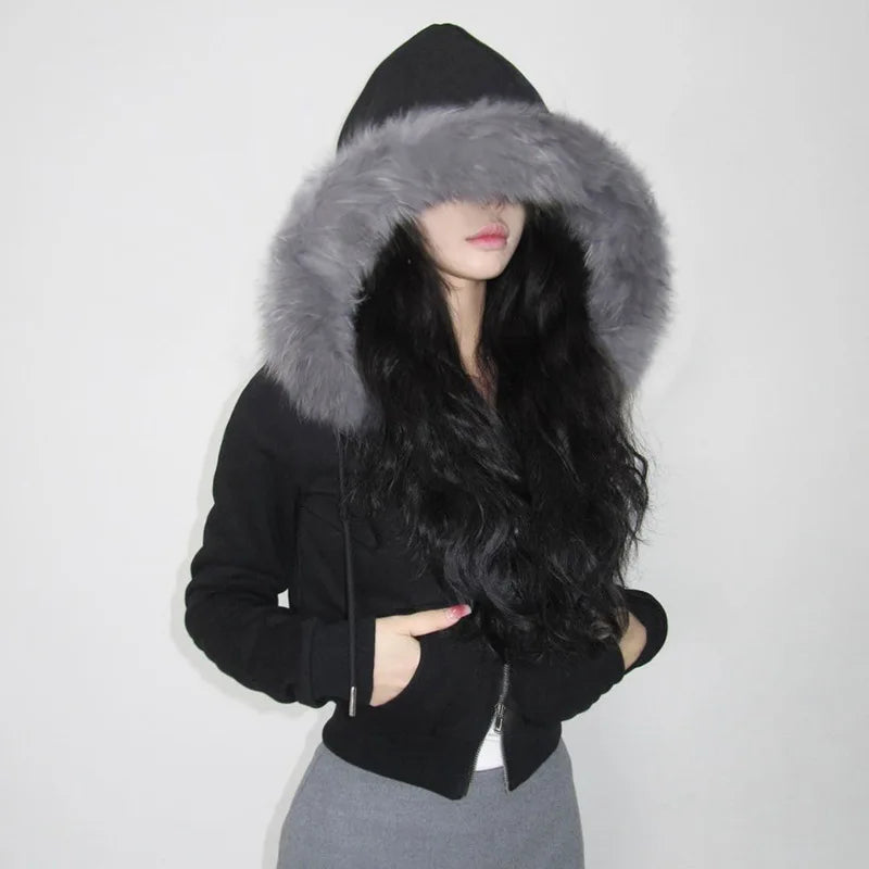 Goth Dark Black Faux Fur Hoodie Jacket