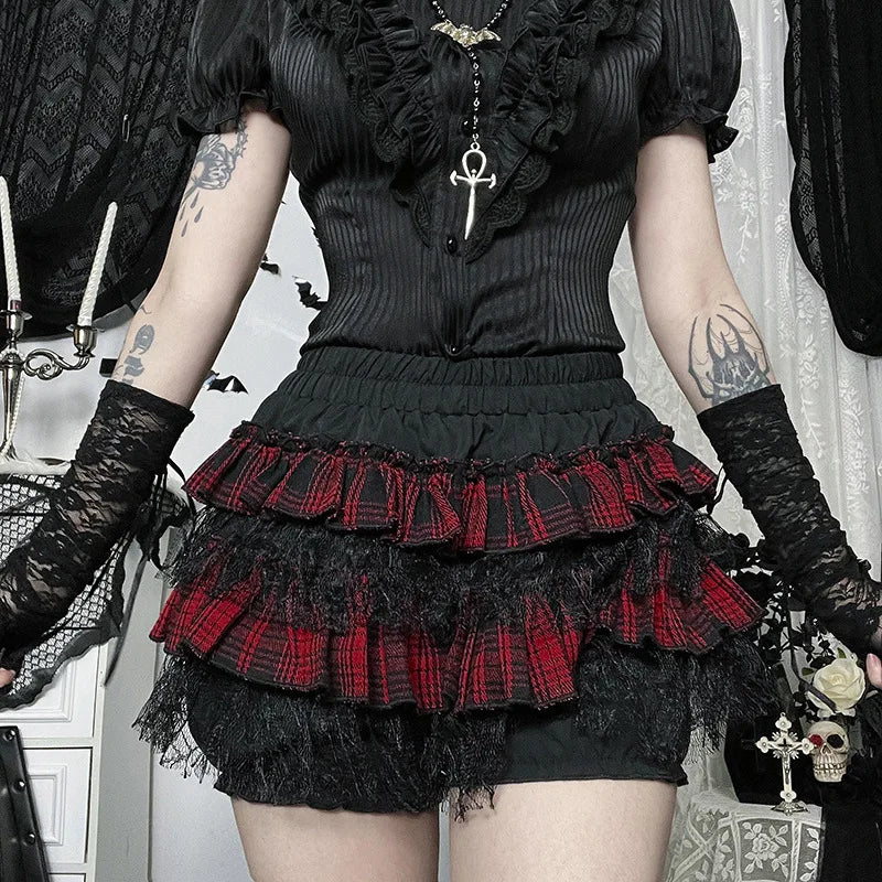 Goth Black Grunge Dark Plaid Lace Patchwork Skirt