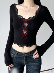 Black Bow Lace Trim Cropped Hollow Crop Top
