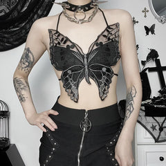 Grunge Fairycore Lace Butterfly Backless Top