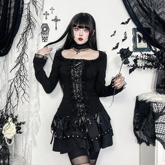 'Death Trap' Goth Black Lace Trim Long Sleeve Top with Collar