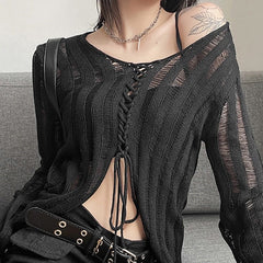 'Sting' Black lace up laddered sweater