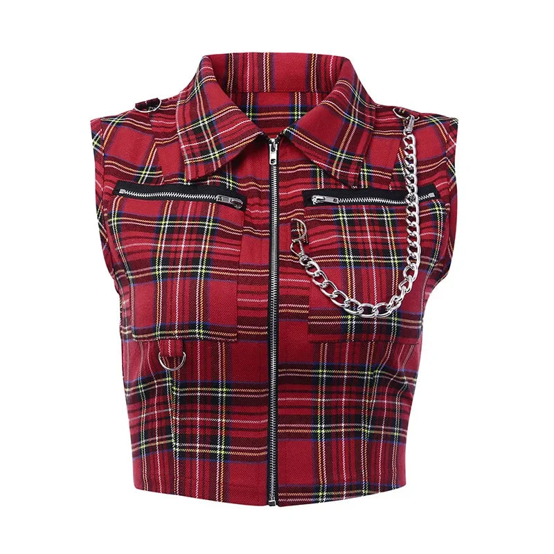 Rad Red Plaid Zipper Chain Top