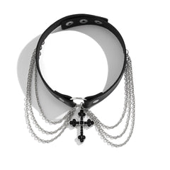 PU Gothic Alt Black Cross Choker Necklace