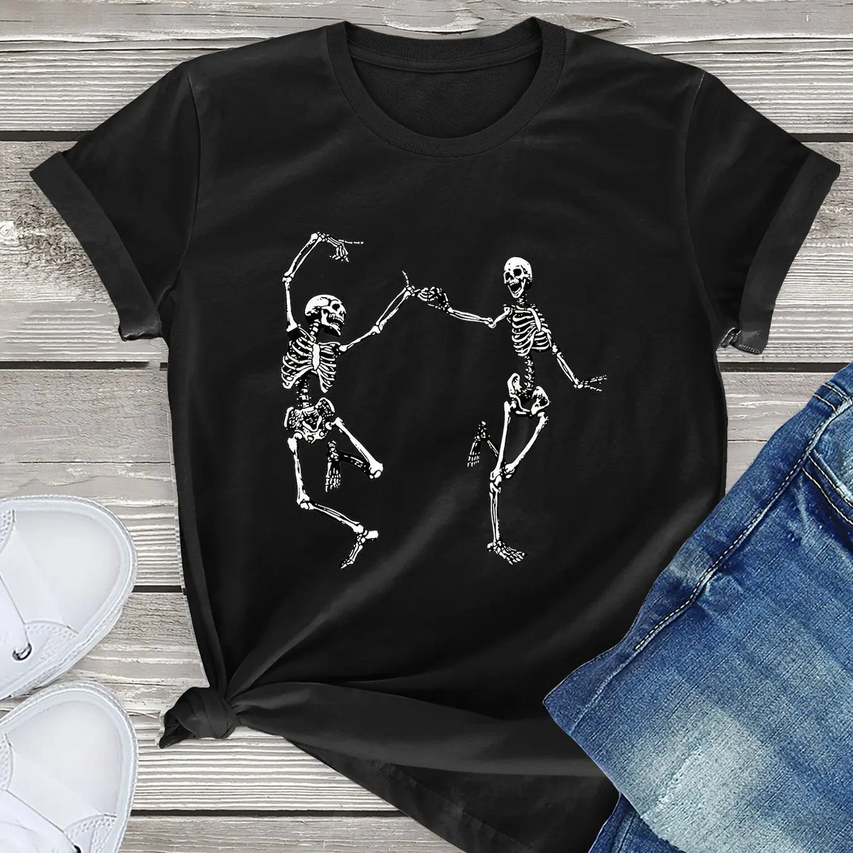Black Dancing Skeletons Print T-Shirt