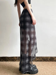 Grunge 'Sinister Smoke' Plaid  Mesh See Through  Split Skirt