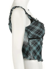 Grunge Patchwork Plaid Mesh Crop Top