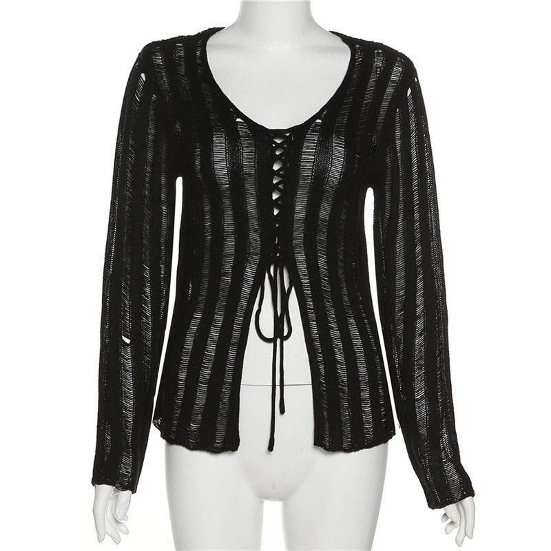 'Sting' Black lace up laddered sweater