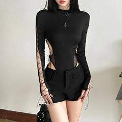 Black Goth Dark Half High Collar Skinny Bodysuit