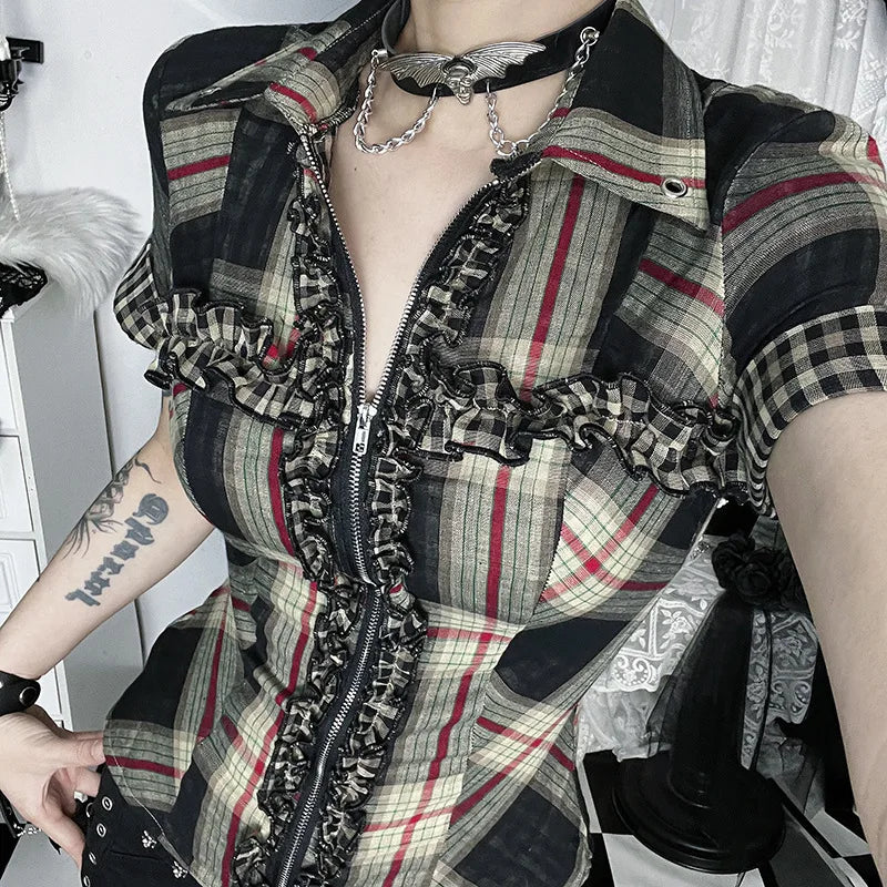 Dark 90s Grunge Plaid Short Sleeve Shirt