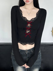 Black Bow Lace Trim Cropped Hollow Crop Top