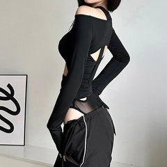 Goth 'Moonlit Mourning' Black Mesh Long Sleeved Bodysuit