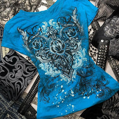 Blue Rhinestone Print Heart Rose T-Shirt