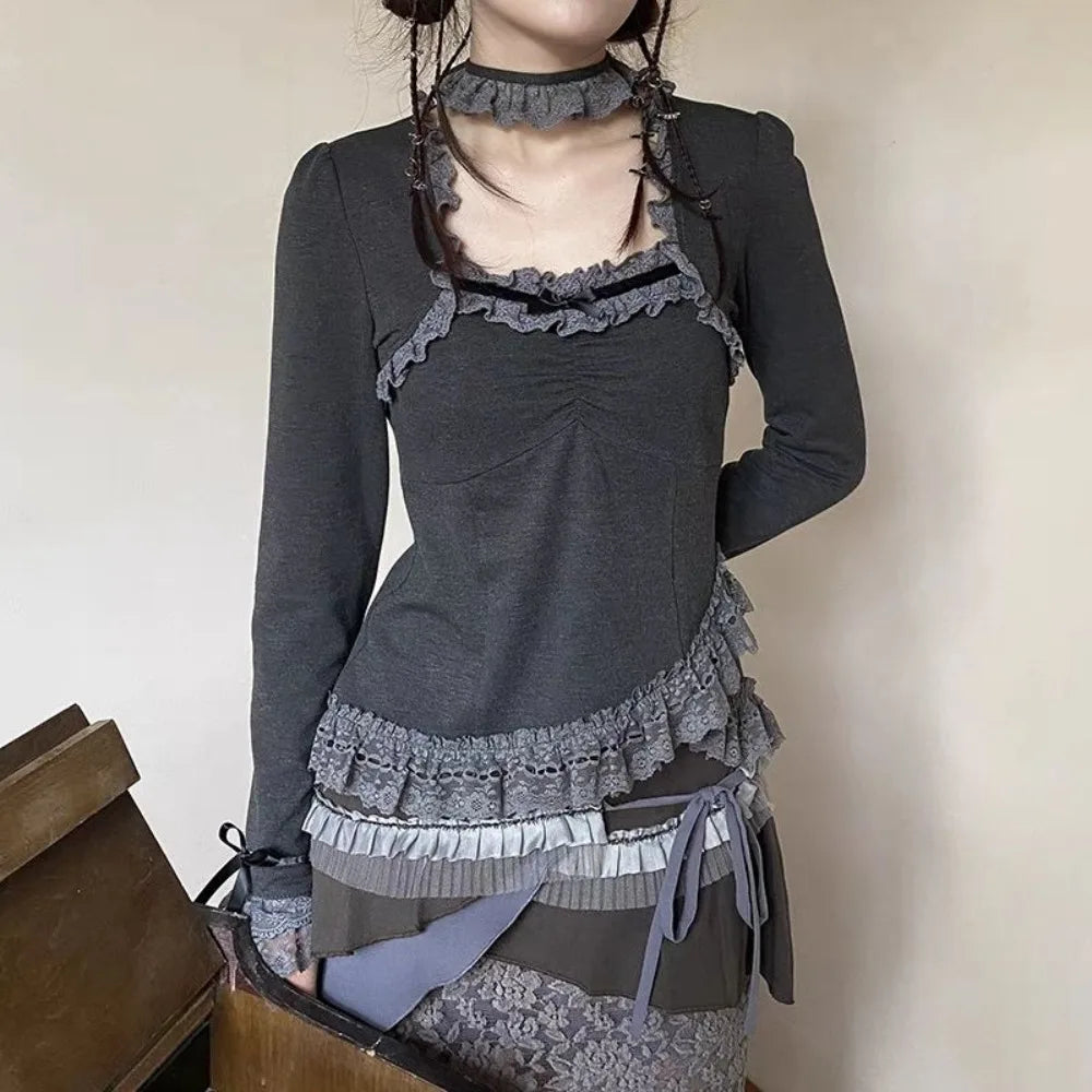 Black Goth Slim Lace Y2K Top
