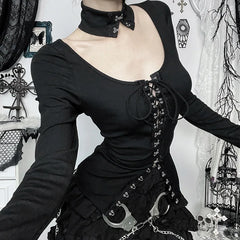 Goth 'Moonlit Spell' Black Hook & Eye Long Sleeved Top
