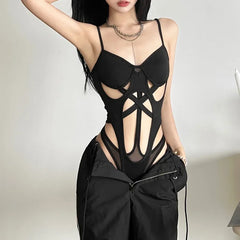 Goth Black Bandage Hollow Out Cyber Y2k Bodysuit