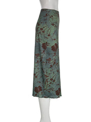 Witchy 'Mystic Veil' Green Floral Printed Y2K Maxi Skirt