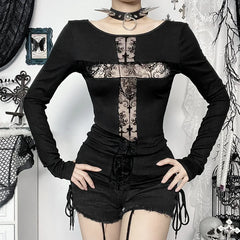 'Devine' Black Goth Dark Lace Patchwork Cross Top