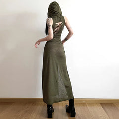 Gothic 'Veil of Shadows' Hooded Midaxi Split Dress in Black or Green