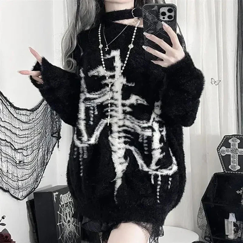 Black Grunge Dark Print Off Shoulder Sweater