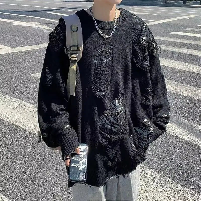 Black/Grey Grunge Ragged Woolen Sweater