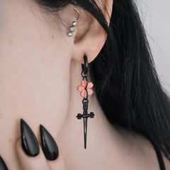 Black Goth Flower Sword Earrings