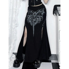 Black Haunted Gothic Alt Printed Long Skirt