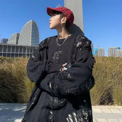 Black/Grey Grunge Ragged Woolen Sweater