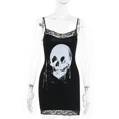 Goth Dark Black Anime Skull Print Fairy Dress