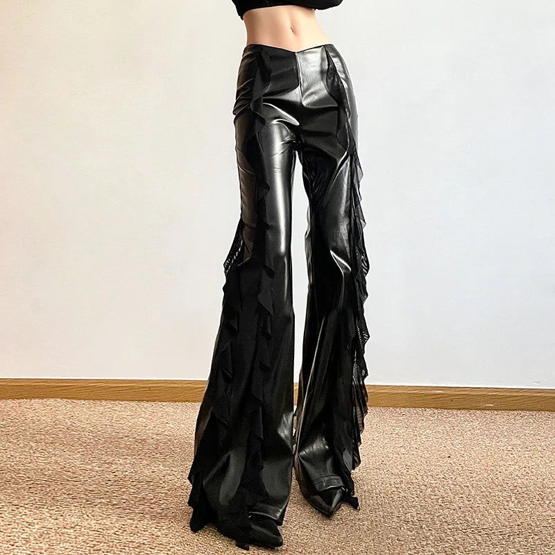 Goth 'Vampire Kiss' Black PU Leather Flowy Flared Pants