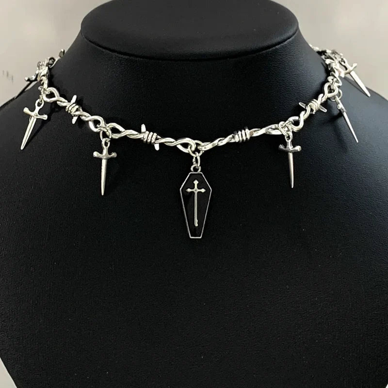 Goth Cross Bloody Coffin Pendant Choker