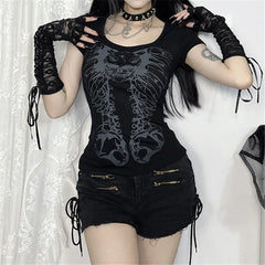 Goth Dark Hollow Out Backless Short Sleeve Top