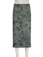 Witchy 'Mystic Veil' Green Floral Printed Y2K Maxi Skirt