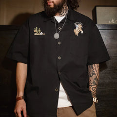 Vintage Y2K Embroidered Cuban Collar Short Sleeve Work Shirt