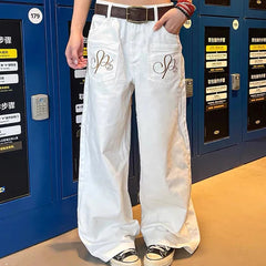 White Y2K Embroidered Baggy Jeans