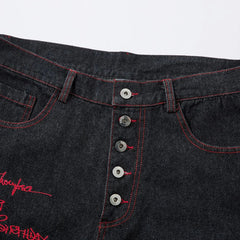 Wide Leg Black Embroidered Jeans